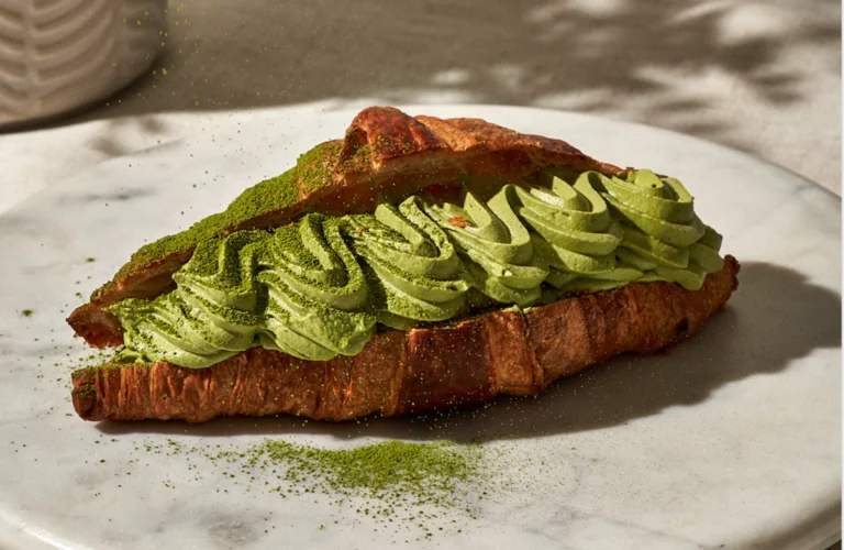A flaky croissant filled with rich green matcha cream, dusted with matcha powder — Why-Our-Croissants-Are-Different-–-A-Look-Inside-Our-Bakery-Process.