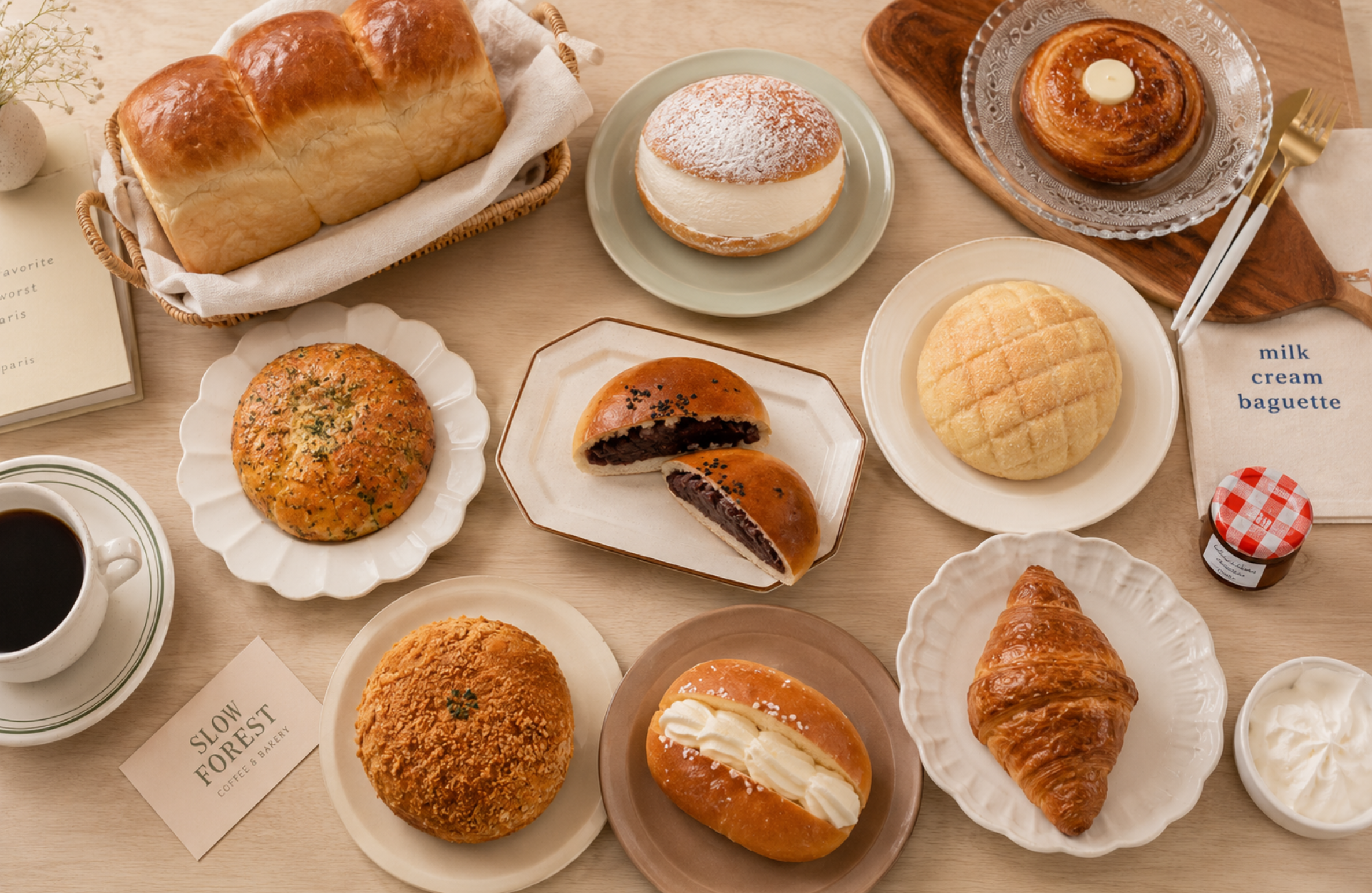 Close up of delicious Korean bakery pastries and cakes