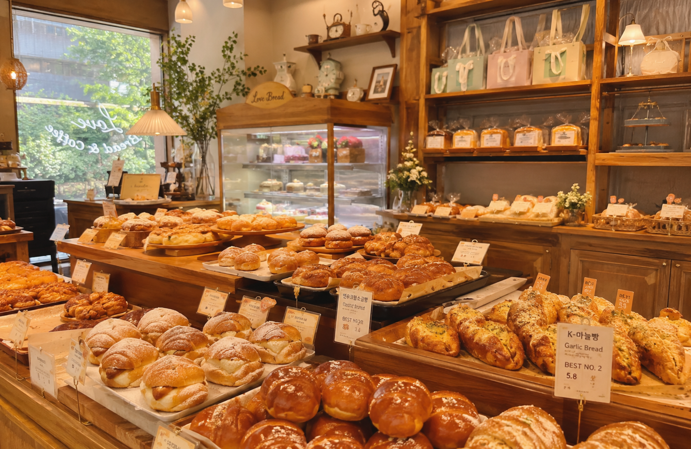 Assortment of sweet and savory Korean baked goods displayed together
