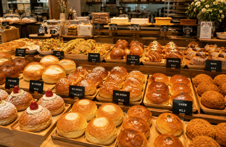 20 Popular Korean Bakery Items Explained – A beautifully stocked Korean bakery featuring an assortment of freshly baked breads, cream buns, garlic bread, croissants, sweet pastries, red bean buns, and traditional Korean bakery favorites displayed on wooden shelves and counters.