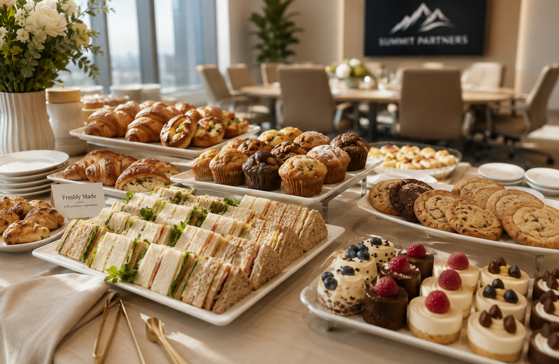 Office Bakery Catering Spread A beautiful spread of fresh pastries and cakes laid out for a corporate office meeting