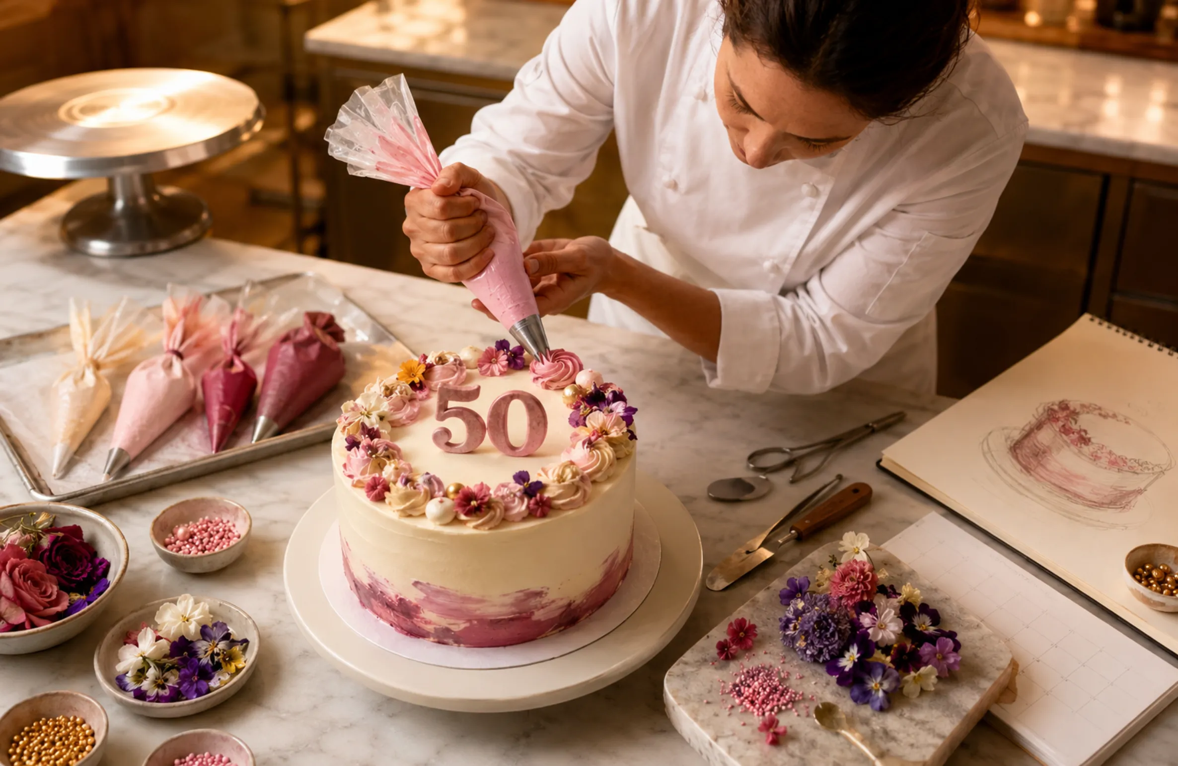 An elegant showcase of custom cloud and mousse cakes available at TOUS les JOURS